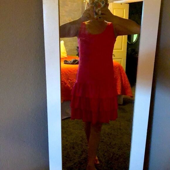Peter Nygard Bright Pink Tiered Ruffle Hem Dress small spot on back as pictured - Picture 8 of 8